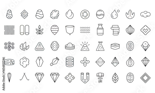 Set of 50 minimalist line icons of raw materials and natural resources with gradient banner, mining, metals, minerals, and organic resources
