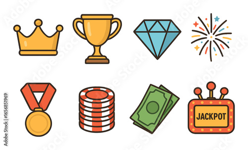 Icons of royalty, wealth, and celebration with crown, trophy, diamond, and jackpot