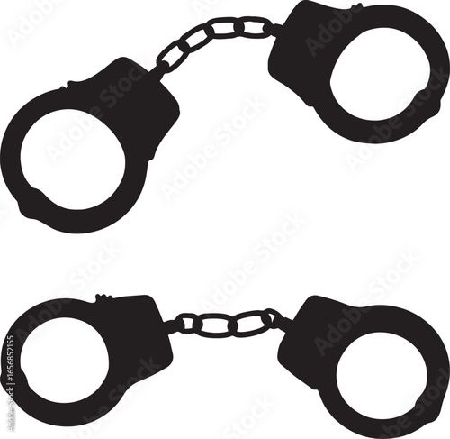 Two pairs of black handcuffs in silhouette isolated on white background