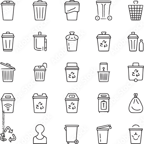 Vector art of collection of line art icons representing various types of trash bins and waste containers