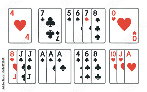 Vintage playing card deck display with hearts, clubs, and spades arrangement