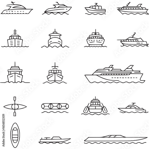 Vector art of set of line art icons depicting various types of boats and watercraft