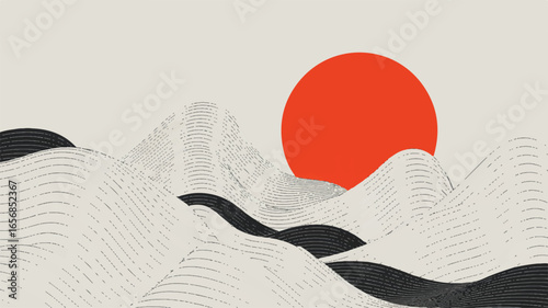 A minimalist abstract digital art piece of an eastern-inspired mountainous landscape under a large red sun, evoking tranquility and modern design.