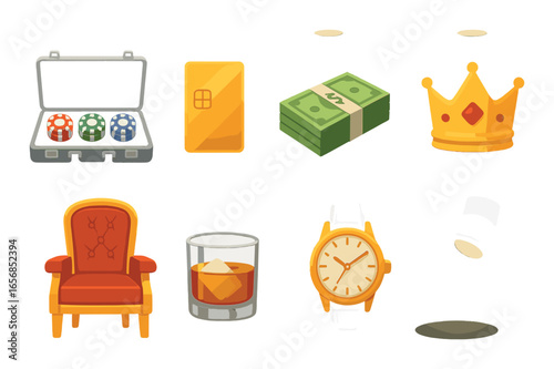 Collection of gambling and luxury icons featuring poker chips, gold card, cash, crown, throne, whiskey, and watch