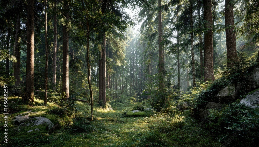 Obraz premium Sunlight streams through a dense forest (2)