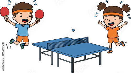 Happy kids playing table tennis indoors, cheerful boy and girl enjoying ping pong game, active children sports activity, fun competition, energetic exercise, joyful childhood moment