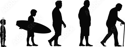 Human life cycle silhouette stages, boy to old man vector, surfer youth illustration, aging process graphic art, generational growth concept, evolution of man outline