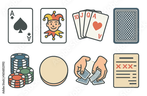 Playing cards and poker chips illustration with joker and shuffling hands