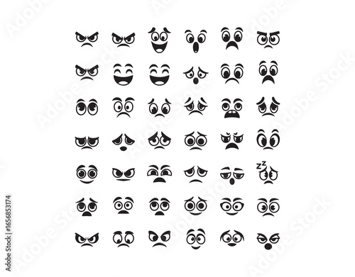 Humorous cartoon eyes. Human eyes showing both anger and happiness. Comic character caricature with doodles of human eye emotions. A set of isolated vector illustration icons.