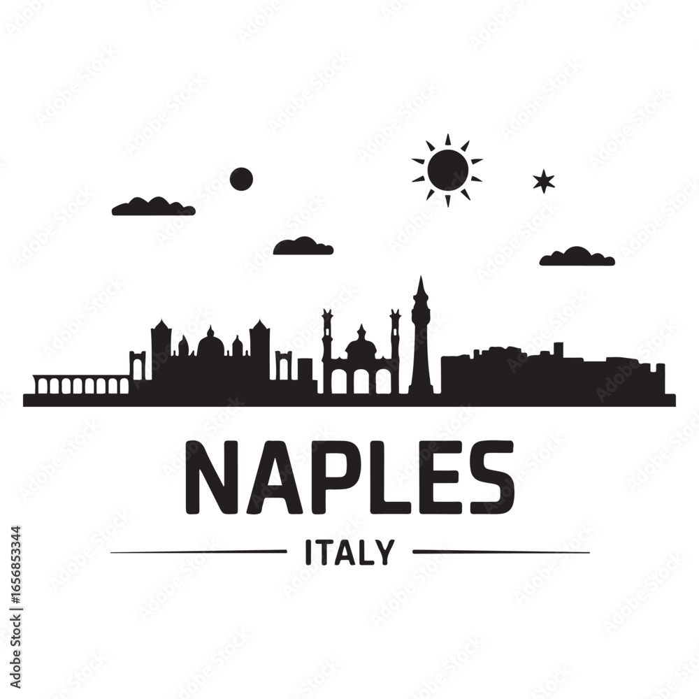 Fototapeta premium Naples skyline horizontal banner. Naples, Italy. Vector template for your design. Vector black silhouette. with white background