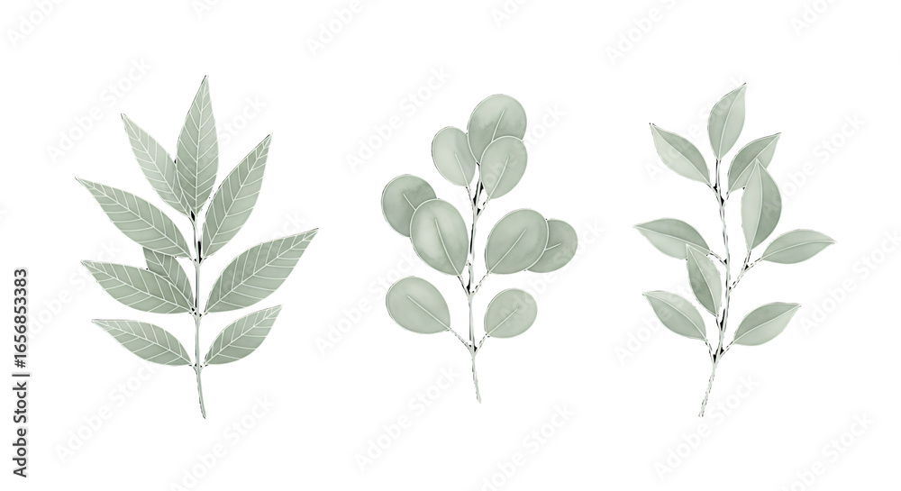 Fototapeta premium Three Elegant Green Leaves Branch Sprigs Vector Illustration Isolated on White Background