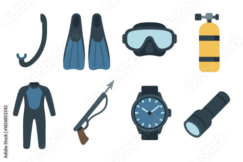 Diving equipment set: snorkel, fins, mask, air tank, wetsuit, speargun, watch, flashlight
