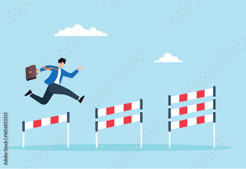 Flat illustration of ambitious businessman jumps over hurdles facing new obstacle achieve success business challenge solve problem