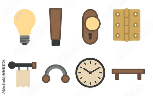 Household icons: lightbulb, clock, and key elements in simplistic design