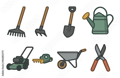 Collection of gardening tools: rake, hoe, shovel, watering can, lawn mower, chainsaw, wheelbarrow, shears