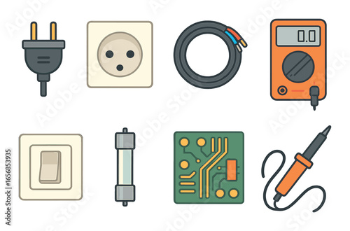 Illustration of electrical components: plug, outlet, wiring, multimeter, switch, fuse, circuit board, soldering iron