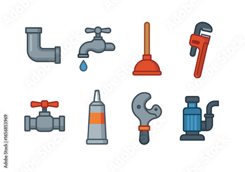Plumbing tools icons: pipe, faucet, plunger, wrench, valve, sealant, cutter, pump