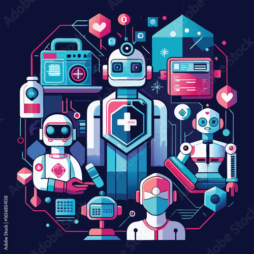 A futuristic medical illustration featuring robots and health technology with vibrant colors