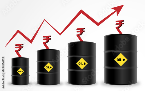 Crude oil price increase abstract illustration, Rising oil prices concept stock image with rupee sign