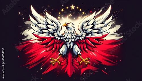 Majestic Polish White Eagle on a Red and White Flag Background with Golden Stars

