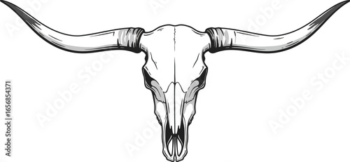Detailed Bull Skull Illustration in Black and White on Transparent Background silhouette