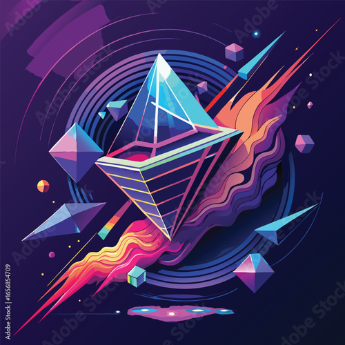 Abstract geometric composition featuring crystal pyramids and floating shapes in vibrant gradient hues