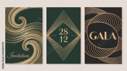 Elegant event invitations in Art Deco style with swirling and geometric golden designs on a dark background