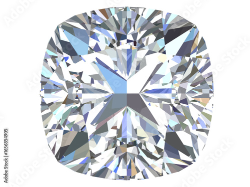 The diamond has a cushion cut, characterized by its square or rectangular shape with rounded corners. This cut is known for combining the brilliance of a round cut with the elegance of a rectangular 