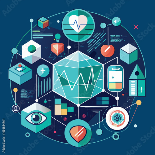 Abstract illustration depicting medical technology, healthcare advancements, data analysis, and digital health monitoring in a circular formation.