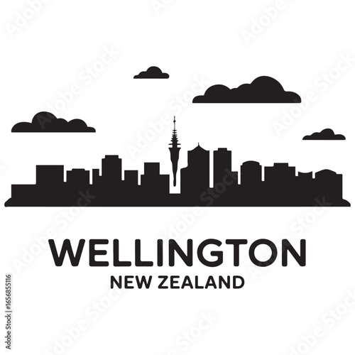 Wellington skyline horizontal banner. Wellington, New Zealand. Vector template for your design. Vector black silhouette. with white background