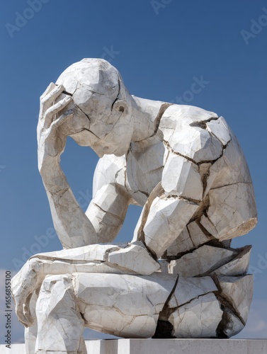 Abstract sculpture of a seated figure with cracked surface, symbolizing osteoporosis and brittle bones