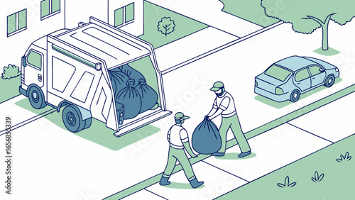 Two garbage collectors working, cheerful mood, loading trash bags into truck, neighborhood background