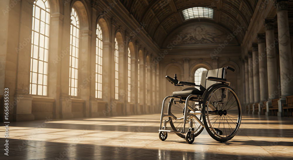 Fototapeta premium An empty wheelchair stands alone in a grand hall with arched windows and sunlight streaming through, creating a sense of solitude.