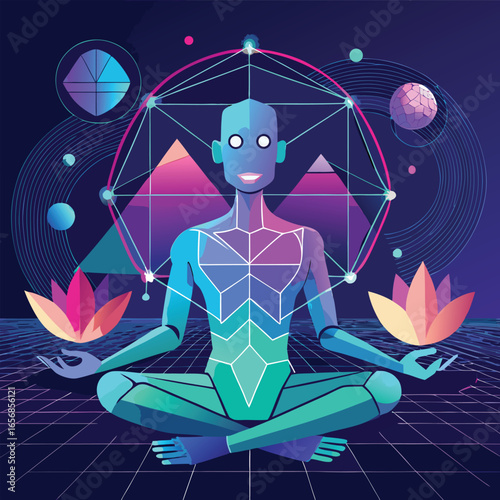 Futuristic digital meditation depicting a robot in lotus pose with geometric elements and lotus flowers