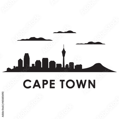 Cape Town skyline, monochrome silhouette. Vector illustration. Vector black silhouette. with white background