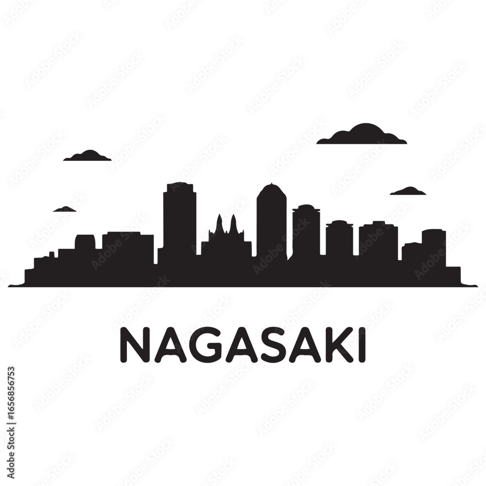 Fototapeta premium Nagasaki skyline silhouette. Vector illustration. Vector black silhouette. with white background