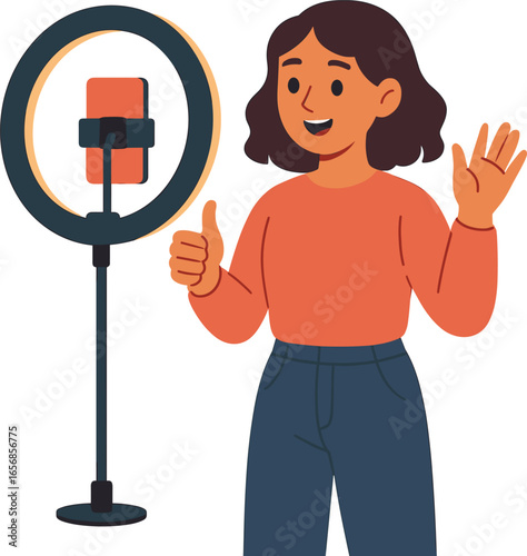 Young influencer recording video with ring light and phone, flat colorful vector illustration on white background