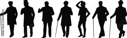 Silhouette illustration of gentlemen in vintage clothing, holding walking canes, classic Victorian fashion poses, elegant men standing and walking, retro style vector design