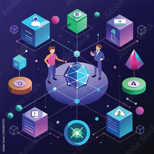 Isometric illustration of a conceptual tech presentation showcasing data and communication networks