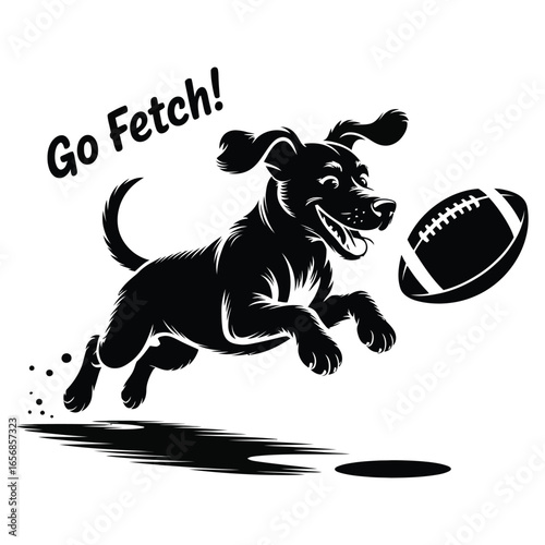 Happy black dog running and jumping to catch an American football with text Go Fetch catching