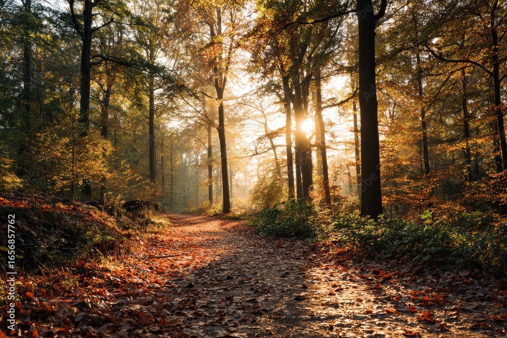 Obraz premium Autumn forest path bathed in sunlight