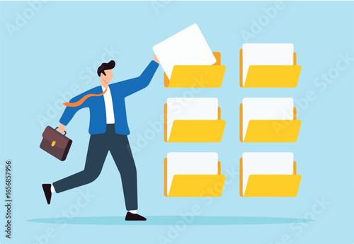 Flat illustration of businessman organizes documents into archive folders illustrating file management and administrative work