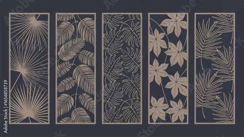 Set of five vertical decorative panels with tropical leaf patterns for laser cutting, featuring modern botanical designs with palm and monstera leaves