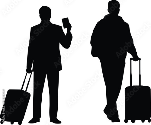 Traveler silhouette with suitcase, passenger holding passport, business trip vector illustratio
