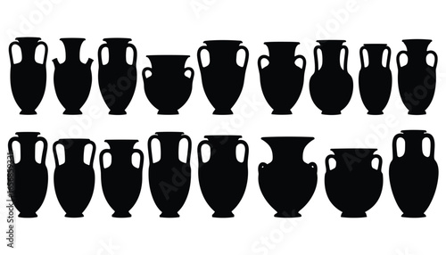 Collection of Ancient Greek Vases and Amphorae Silhouettes Depicting Rich Cultural Heritage and Archaeological Significance for Historical Studies and Artistic Representations