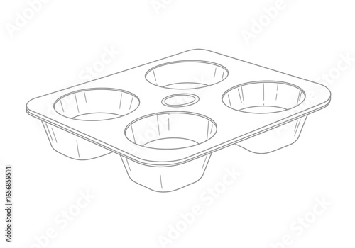A gray outline drawing shows a 4cup baking pan each with a cupshaped insert set against a white background