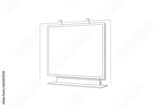 A graytoned line drawing depicts a blank rectangular billboard with overhead hooks and a short stand