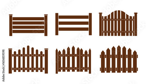 Collection of six vector wooden fence designs brown isolated on white background for architectural or landscape needs