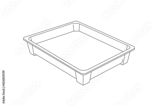 A line drawing of a rectangular container or tray with a rim viewed from an angled perspective