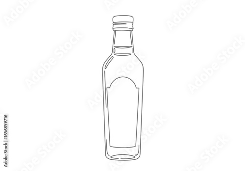 A sketch of a clear bottle with a tall neck and a label area on the main body